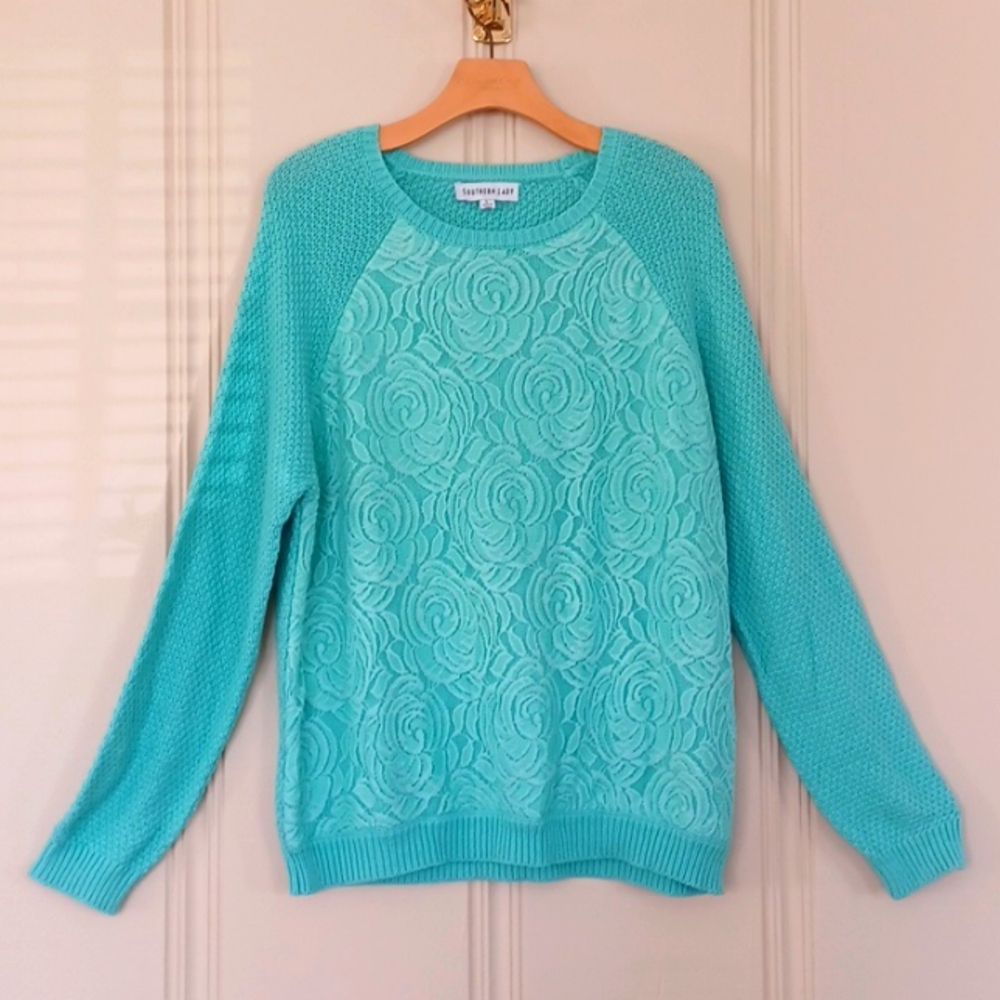 Southern Lady W-L Aqua Crewneck Sweater Cotton With Acrylic Lace Front